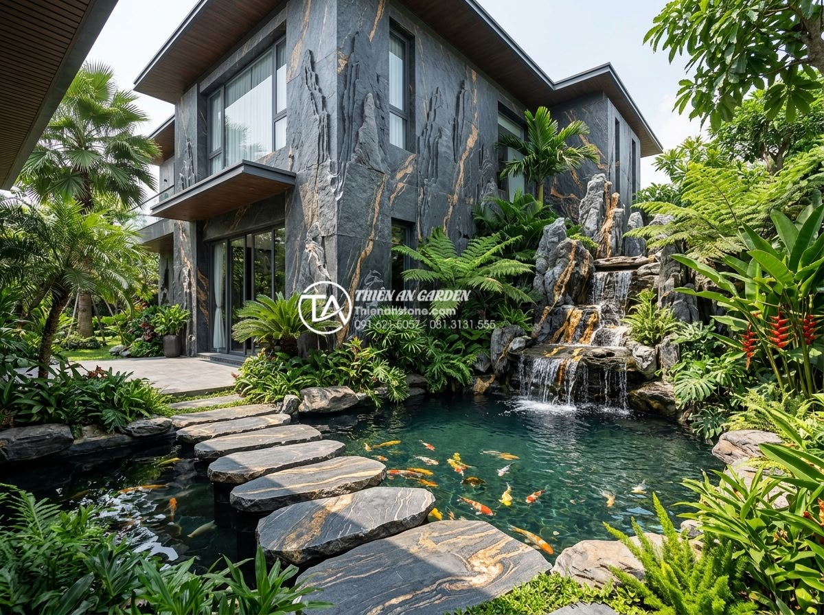 7 Loại đá trầm tích phổ biến nhất trong xây dựng và mỹ nghệ - Wide angle professional photo of a luxurious modern villa in Vietnam featuring w