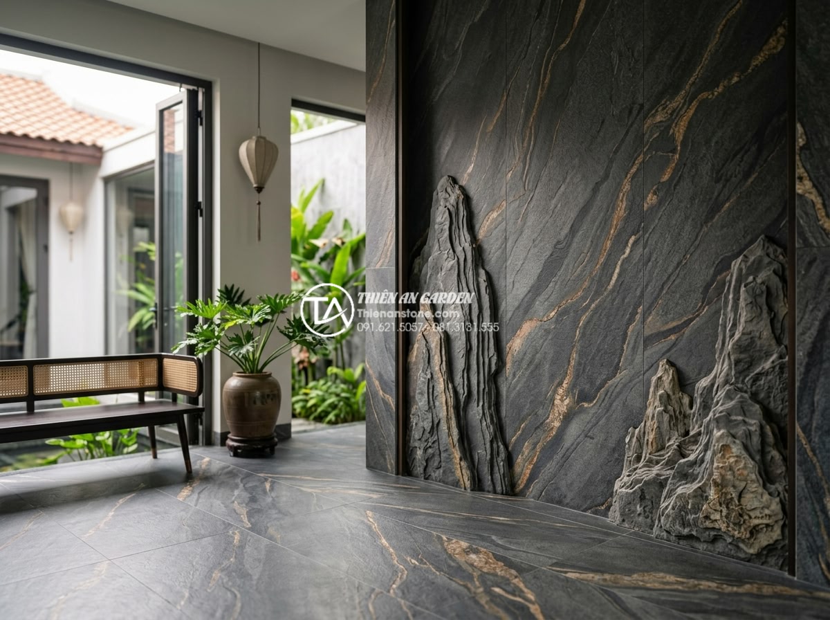 7 Loại đá trầm tích phổ biến nhất trong xây dựng và mỹ nghệ - Modern interior design photograph showing gypsum stone decorative wall panels an