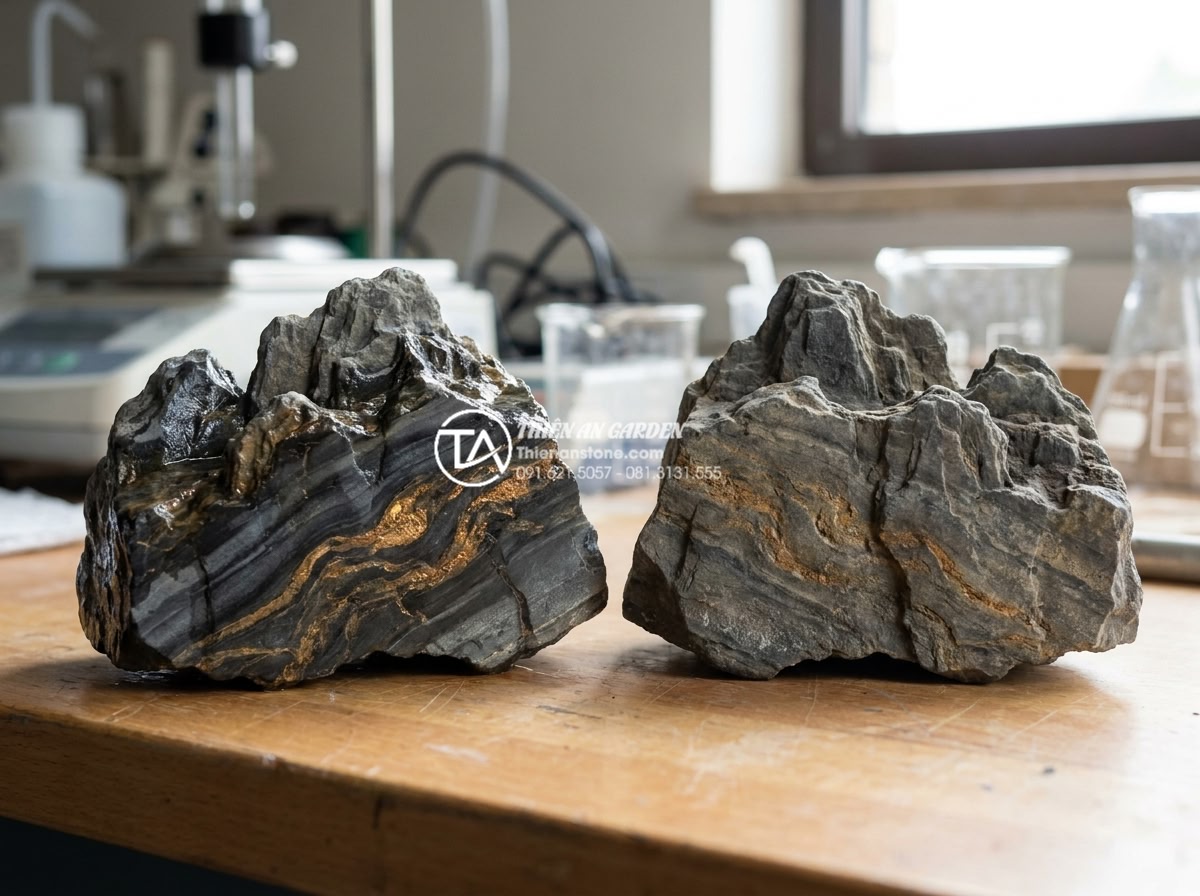 Ảnh hưởng của thời tiết đến màu sắc của đá trầm tích theo thời gian - Protected sedimentary rock samples treated with sealants versus untreated ones, 