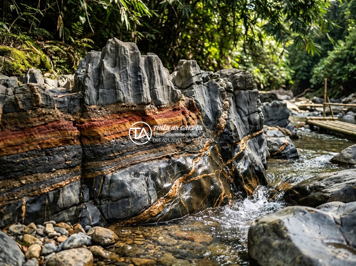 Ảnh hưởng của thời tiết đến màu sắc của đá trầm tích theo thời gian - Geological diagram-style photo of sedimentary rock formation process in a riverb