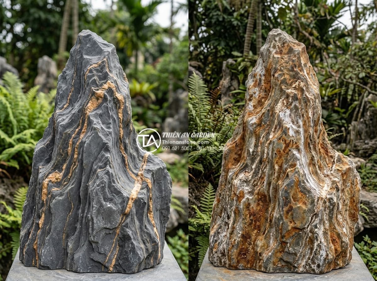 Ảnh hưởng của thời tiết đến màu sắc của đá trầm tích theo thời gian - Before and after comparison photo of sedimentary rock exposed to various weather