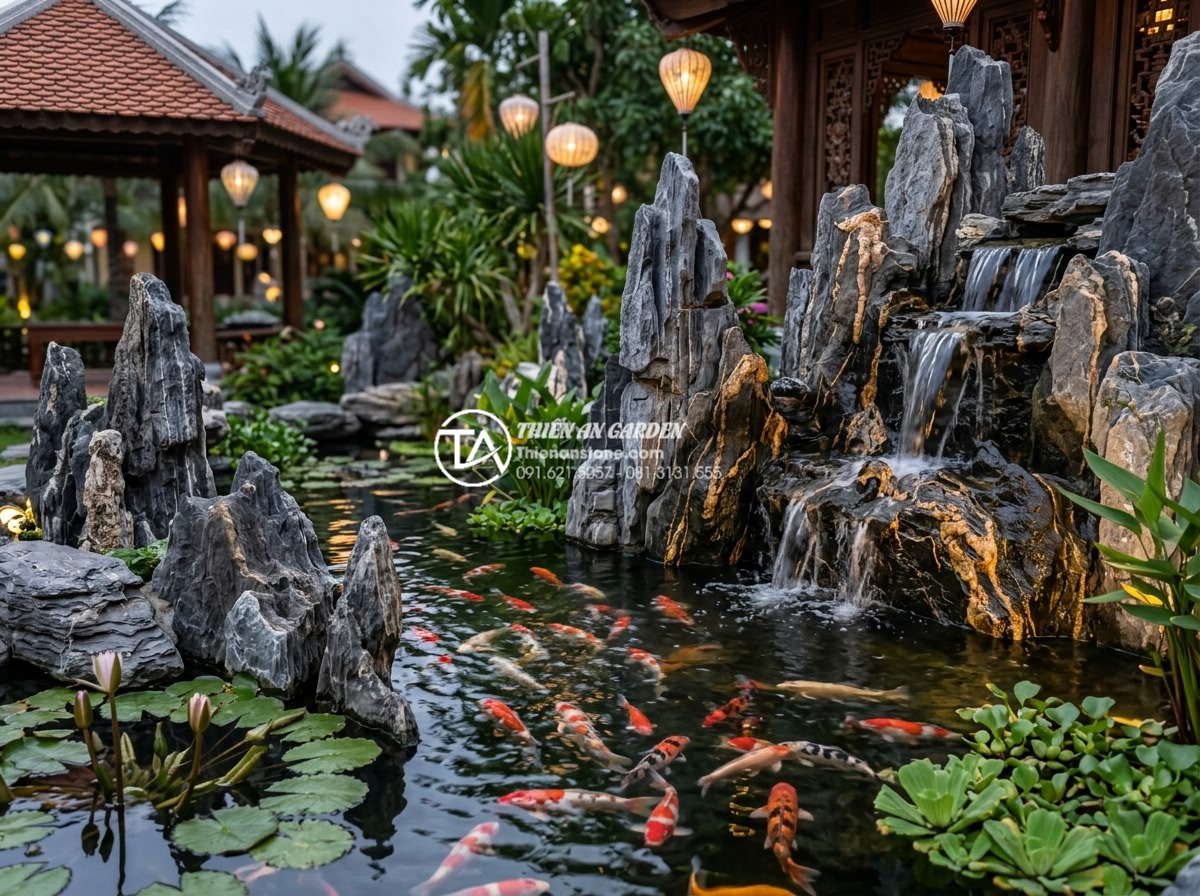 Bảng giá đá trầm tích các loại mới nhất 2026 cho công trình cảnh quan - Hình 13 Bảng giá đá trầm tích các loại mới nhất 2026 cho công trình cảnh quan - Luxurious Koi pond with layered sedimentary rocks forming natural edges, waterfa
