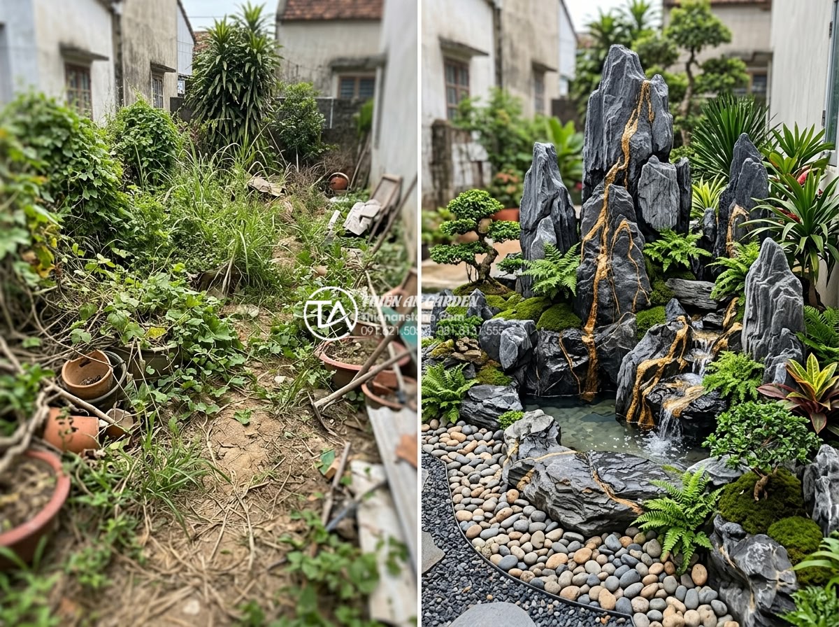 Bảng giá đá trầm tích các loại mới nhất 2026 cho công trình cảnh quan - Hình 19 Bảng giá đá trầm tích các loại mới nhất 2026 cho công trình cảnh quan - Before and after transformation of garden using sedimentary rocks showing dramat