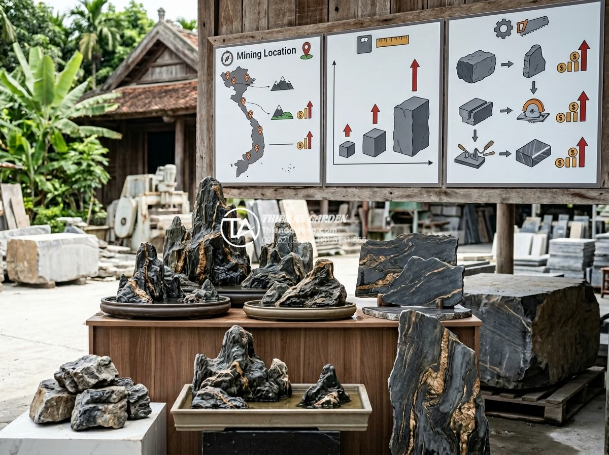 Bảng giá đá trầm tích các loại mới nhất 2026 cho công trình cảnh quan - Hình 9 Bảng giá đá trầm tích các loại mới nhất 2026 cho công trình cảnh quan - Infographic style realistic image illustrating factors affecting sedimentary roc