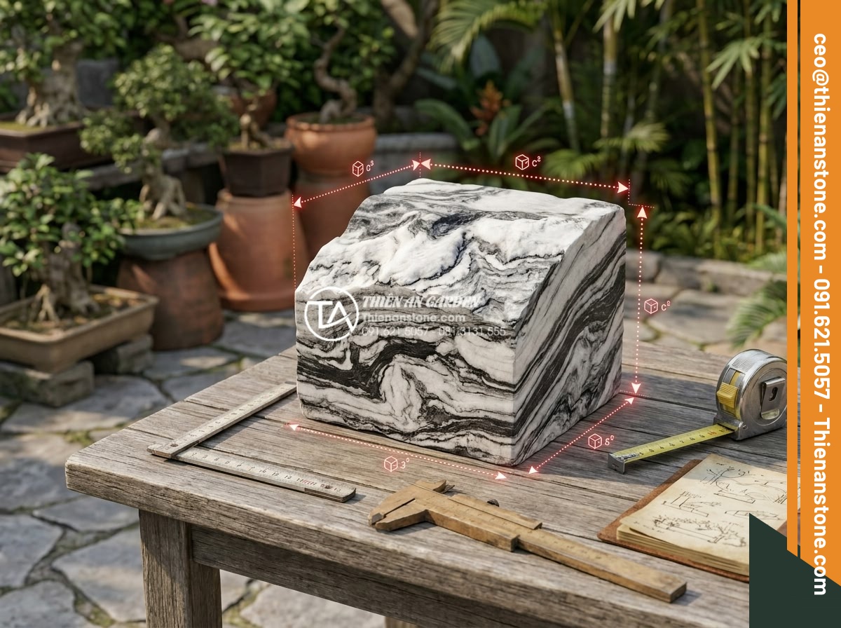 Báo giá đá tuyết sơn mới nhất 2026: Đơn giá theo tấn và theo khối - 3D rendered diagram showing volume calculation of snow mountain stone for garden