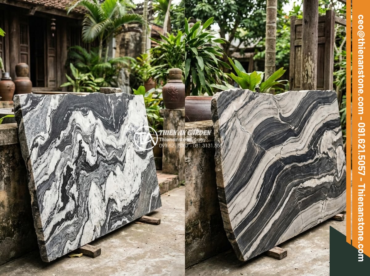 Báo giá đá tuyết sơn mới nhất 2026: Đơn giá theo tấn và theo khối - Side-by-side comparison photos of snow mountain stone versus granite marble and 