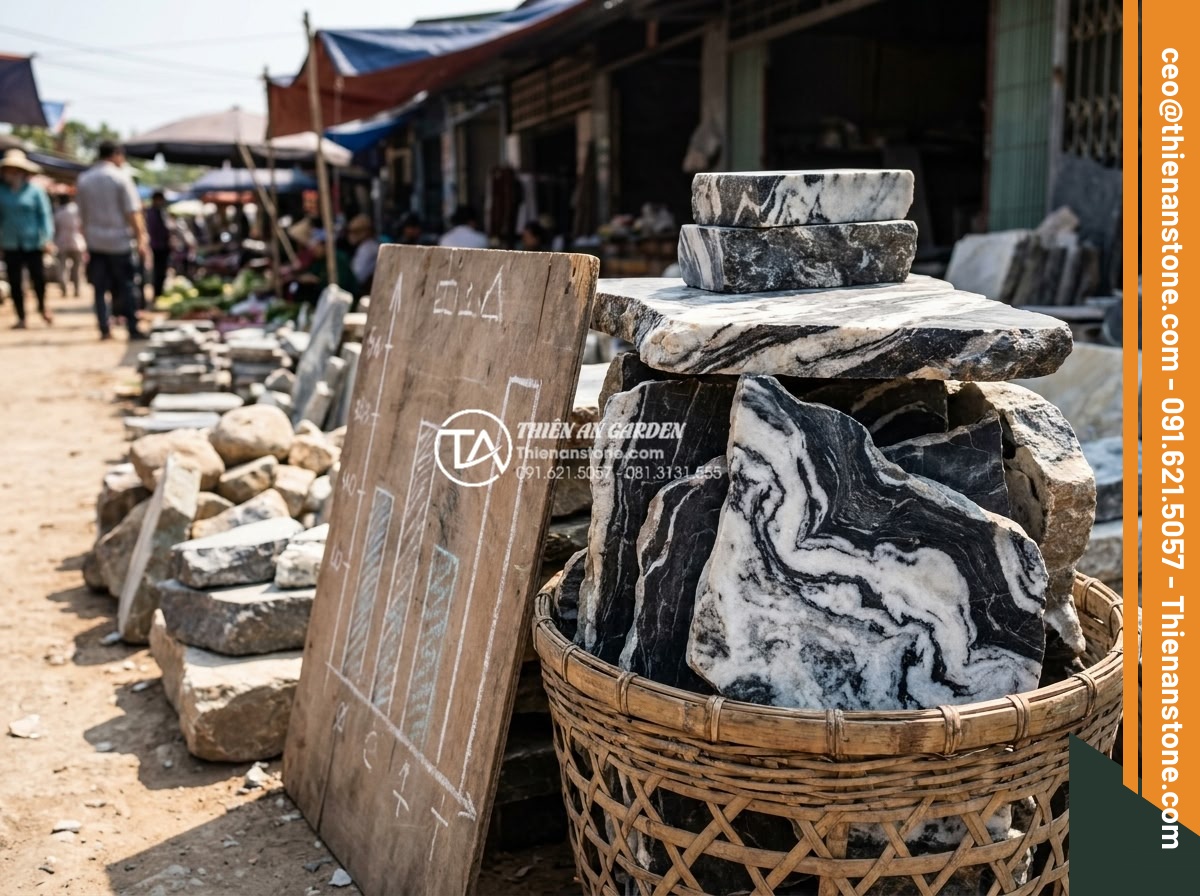 Báo giá đá tuyết sơn mới nhất 2026: Đơn giá theo tấn và theo khối - Chart comparing cost per ton of different natural stones including snow mountain