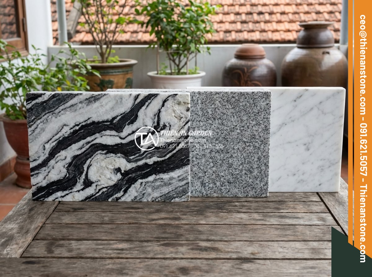 Báo giá đá tuyết sơn mới nhất 2026: Đơn giá theo tấn và theo khối - Detailed comparison photo showing snow mountain stone next to granite and marble