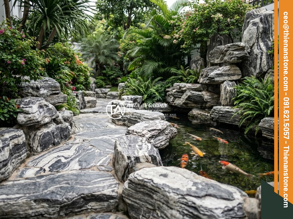 Báo giá đá tuyết sơn mới nhất 2026: Đơn giá theo tấn và theo khối - Luxury villa garden featuring snow mountain stone pathways, rockery formations a