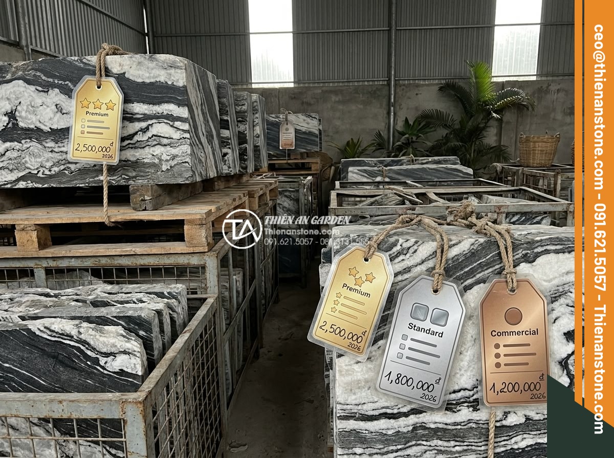 Báo giá đá tuyết sơn mới nhất 2026: Đơn giá theo tấn và theo khối - Infographic style image displaying 2026 price tags on different grades of snow m