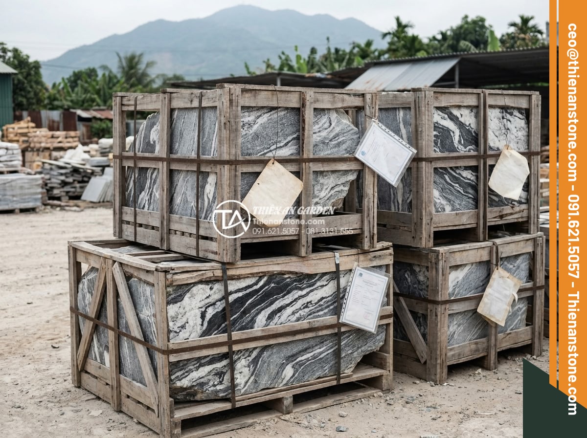 Báo giá đá tuyết sơn mới nhất 2026: Đơn giá theo tấn và theo khối - Stack of snow mountain stone tons ready for shipment with visible weight tags an
