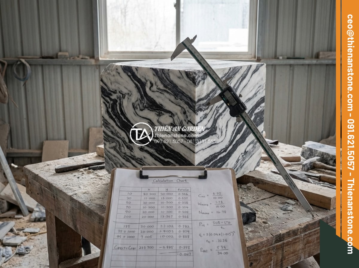 Báo giá đá tuyết sơn mới nhất 2026: Đơn giá theo tấn và theo khối - Precise measurement of snow mountain stone cubic meter blocks with calipers and 