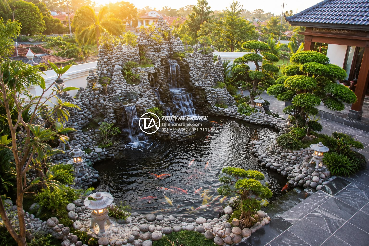 Báo giá thi công tiểu cảnh hòn non bộ sân vườn trọn gói mới nhất 2026 - Aerial view of a luxurious modern villa backyard in Vietnam featuring a large na