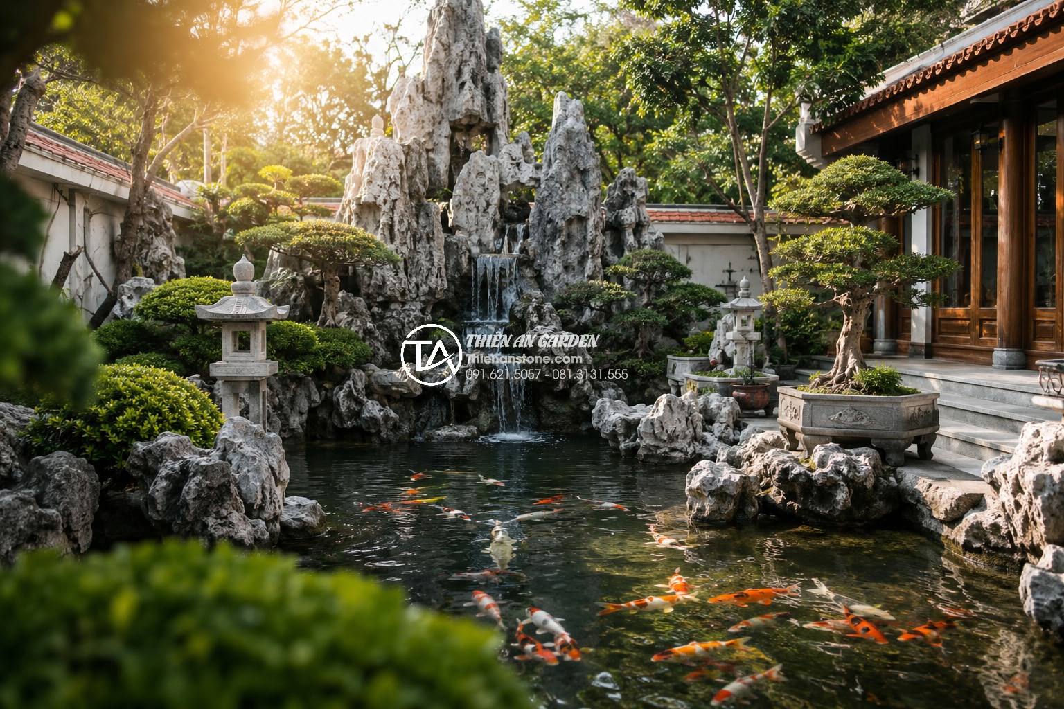 Báo giá thi công tiểu cảnh hòn non bộ sân vườn trọn gói mới nhất 2026 - Wide angle view of a traditional Vietnamese style rock garden with massive natur