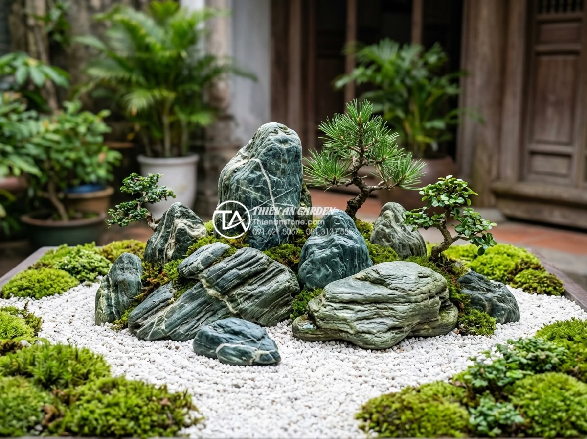 Bí quyết chọn đá xanh Nhật Bản cho sân vườn có diện tích nhỏ - Close-up view of small Seiryu Japanese green stones with fine white veins, arran