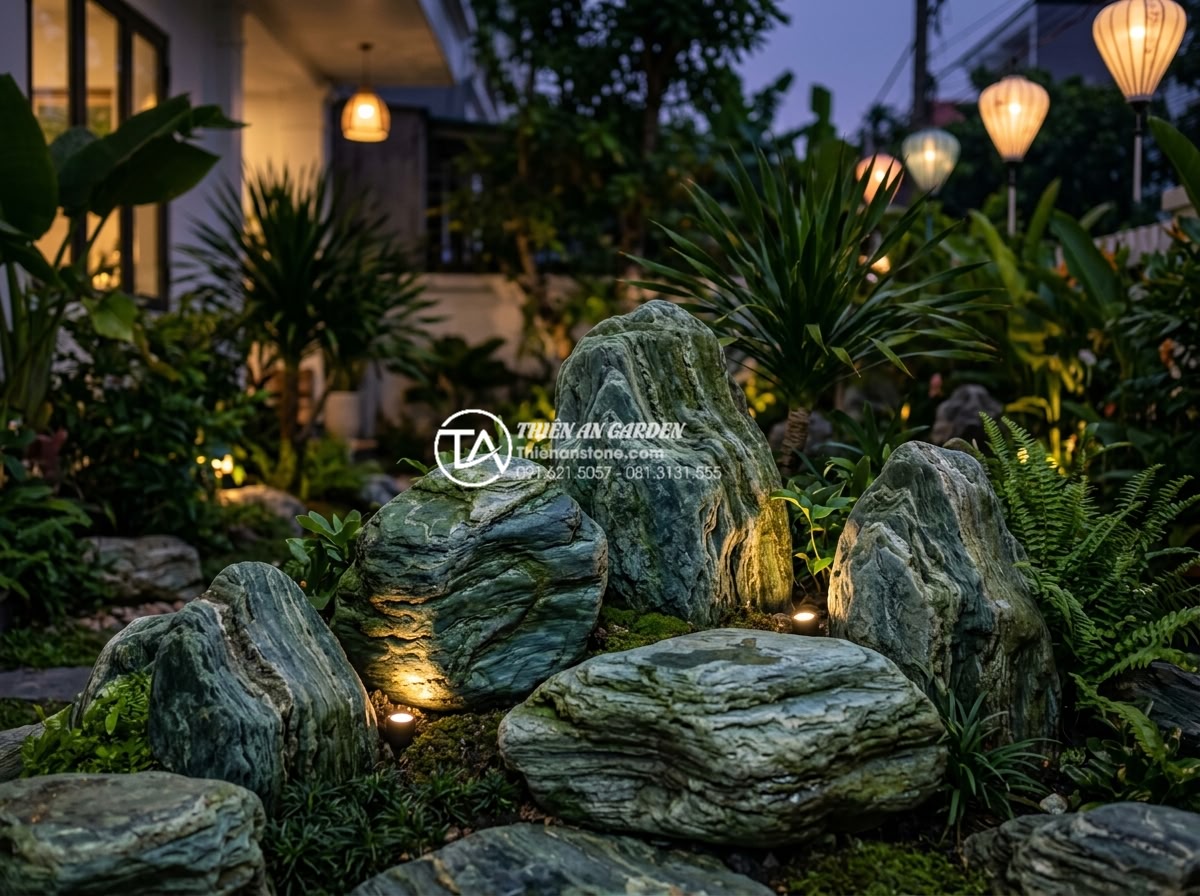 Bí quyết chọn đá xanh Nhật Bản cho sân vườn có diện tích nhỏ - Creative stone arrangement in compact garden with lighting effects at dusk