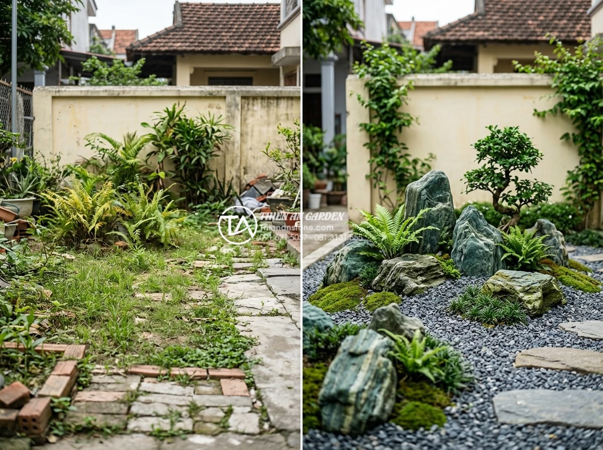 Bí quyết chọn đá xanh Nhật Bản cho sân vườn có diện tích nhỏ - Real case study photo of small garden with Seiryu stones before and after transf