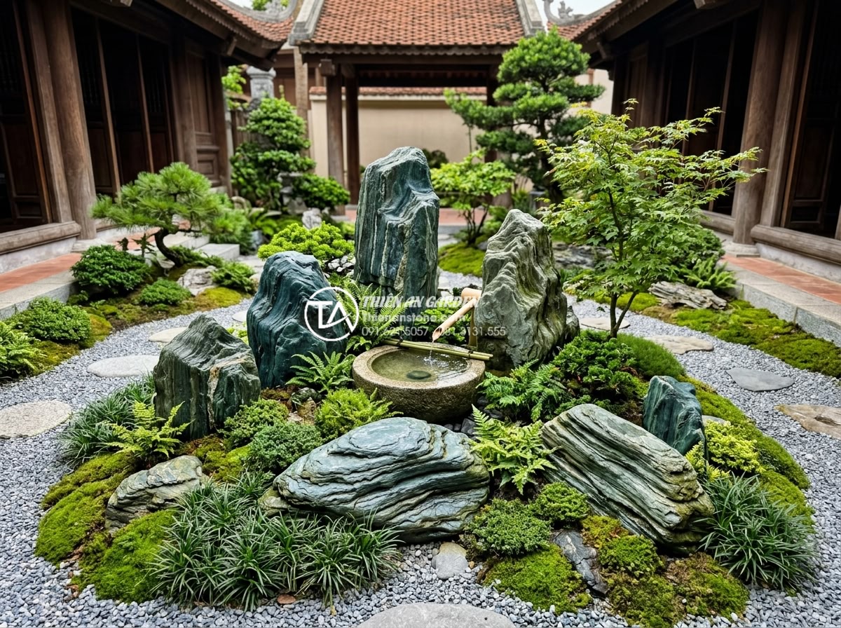 Bí quyết chọn đá xanh Nhật Bản cho sân vườn có diện tích nhỏ - Wide angle shot of a compact Japanese-style small garden featuring blue-green Se