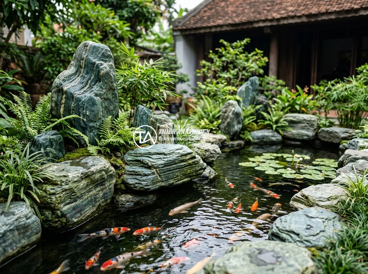 Bí quyết chọn đá xanh Nhật Bản cho sân vườn có diện tích nhỏ - Creative small garden project featuring Japanese stones and Koi pond