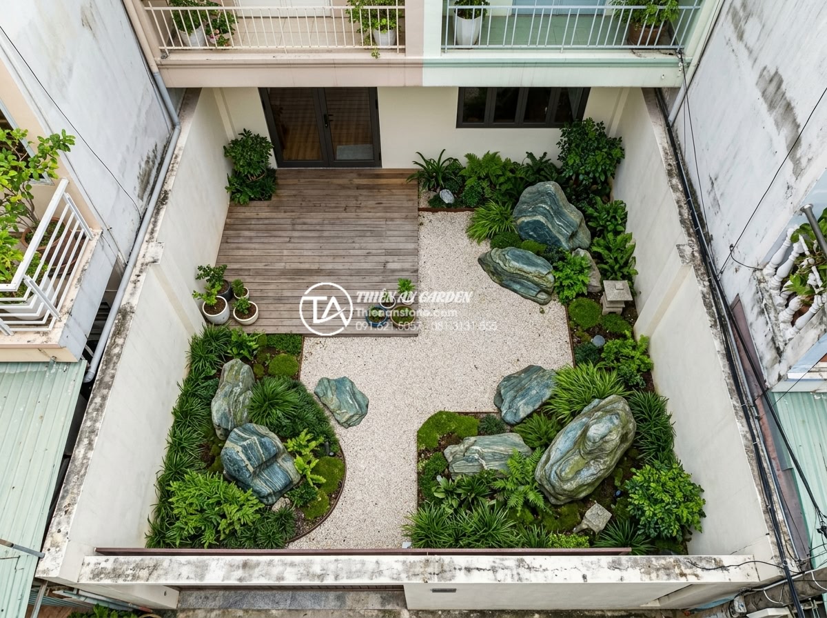 Bí quyết chọn đá xanh Nhật Bản cho sân vườn có diện tích nhỏ - Aerial view of small urban garden transformed with blue-green Japanese stones, w