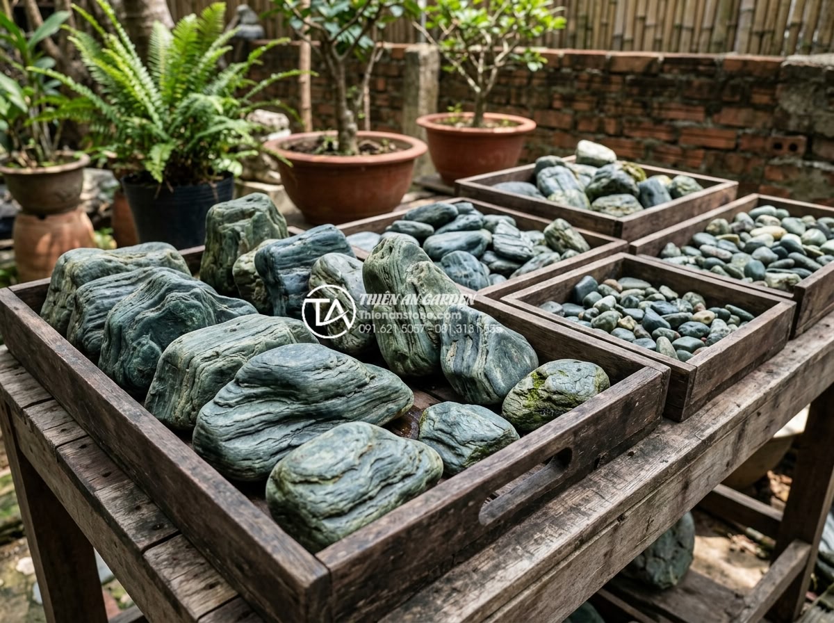 Bí quyết chọn đá xanh Nhật Bản cho sân vườn có diện tích nhỏ - Collection of assorted mini Seiryu stones sorted by size in wooden trays, ready 