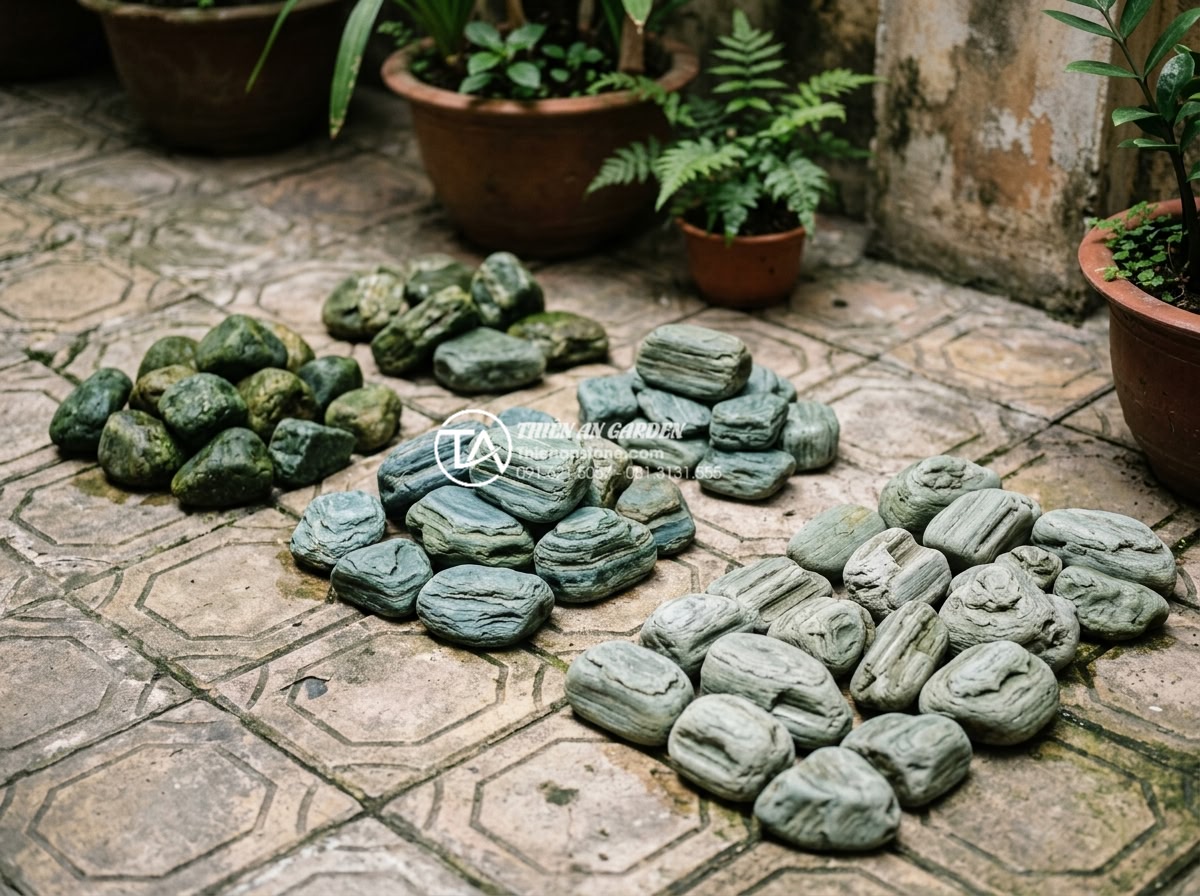 Bí quyết chọn đá xanh Nhật Bản cho sân vườn có diện tích nhỏ - Different shapes and color variations of small Seiryu stones including rounded, 