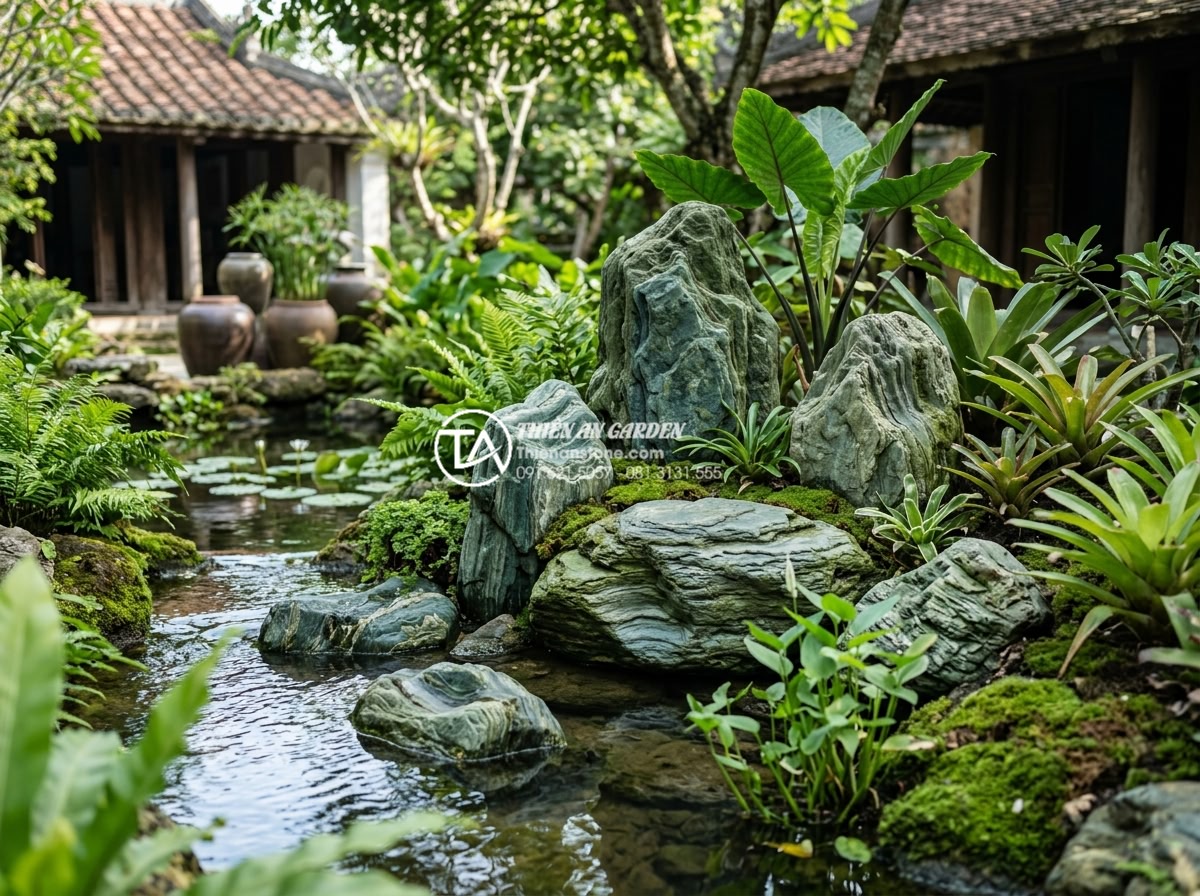 Bí quyết chọn đá xanh Nhật Bản cho sân vườn có diện tích nhỏ - Harmonious color palette example of Japanese green stones matched with garden el