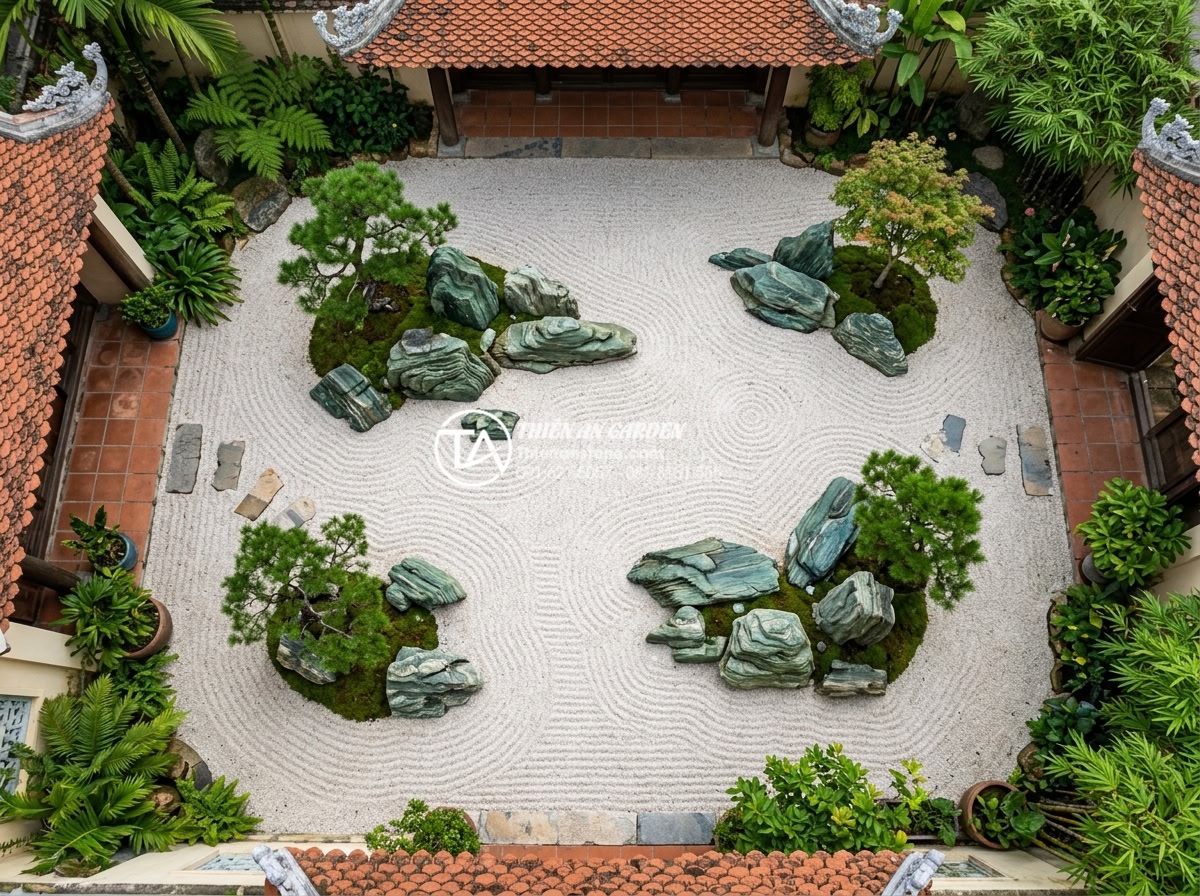 Bí quyết chọn đá xanh Nhật Bản cho sân vườn có diện tích nhỏ - Zen garden layout with Seiryu stones, raked gravel, and miniature trees in a sma