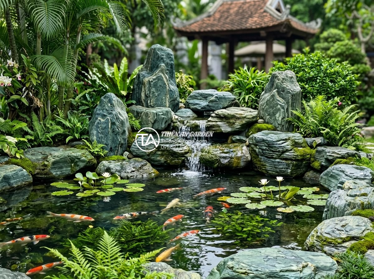 Cách chọn đá xanh Nhật Bản tự nhiên nguyên khối không bị nứt vỡ - Luxury koi pond featuring large Japanese green stones with waterfall and aquatic