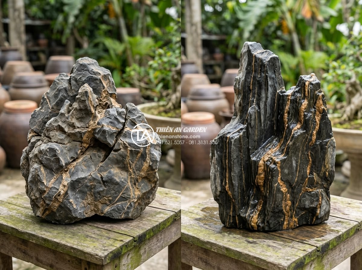 Cách nhận biết đá trầm tích chất lượng cao bằng mắt thường - Comparison image of poor quality sedimentary stone with visible defects versus p