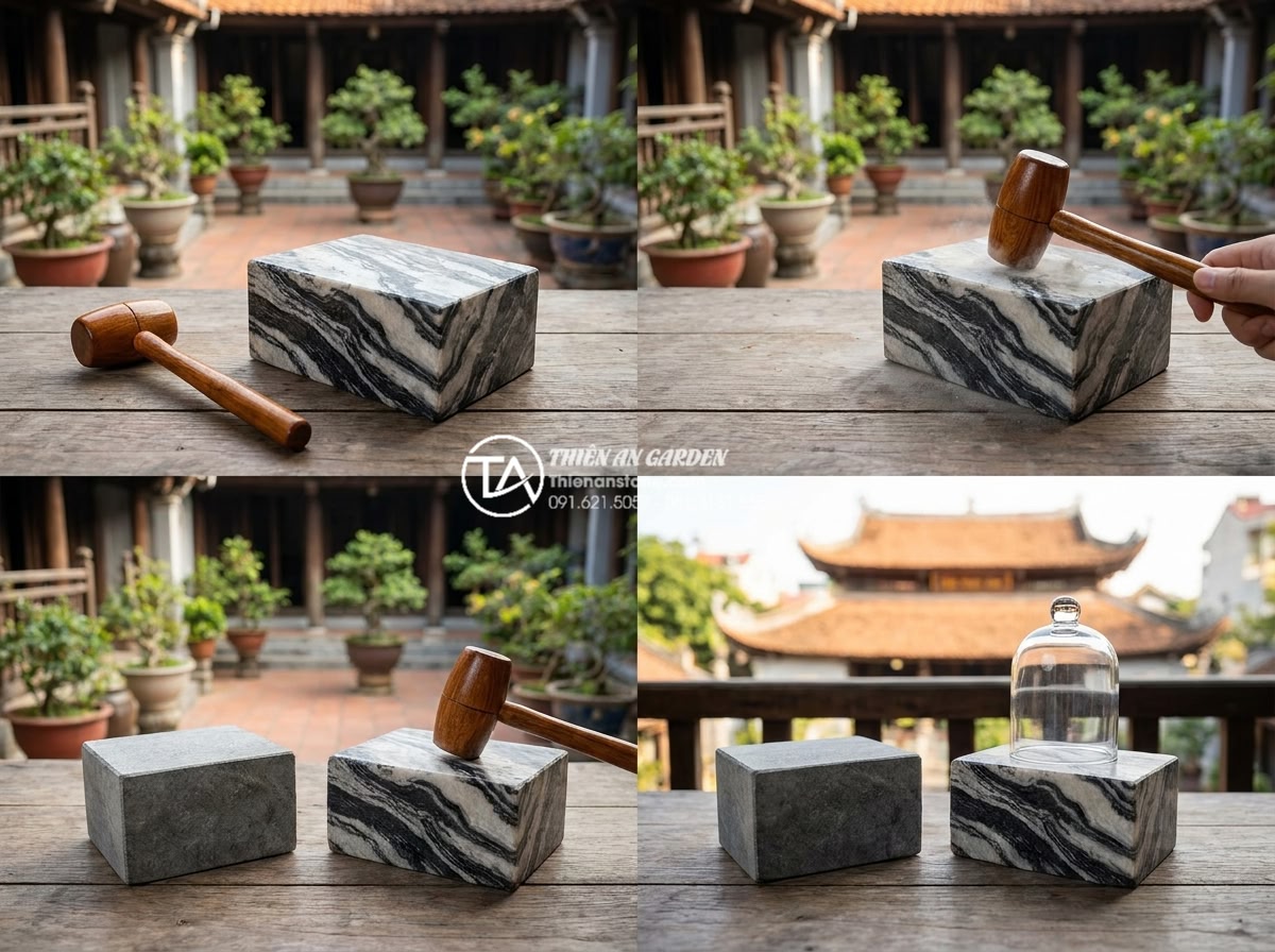 Cách nhận biết đá tuyết sơn vân mây thật và giả cho người mới - Hình 11 Cách nhận biết đá tuyết sơn vân mây thật và giả cho người mới - Step-by-step demonstration of tap test on authentic Tuyet Son stone producing cl