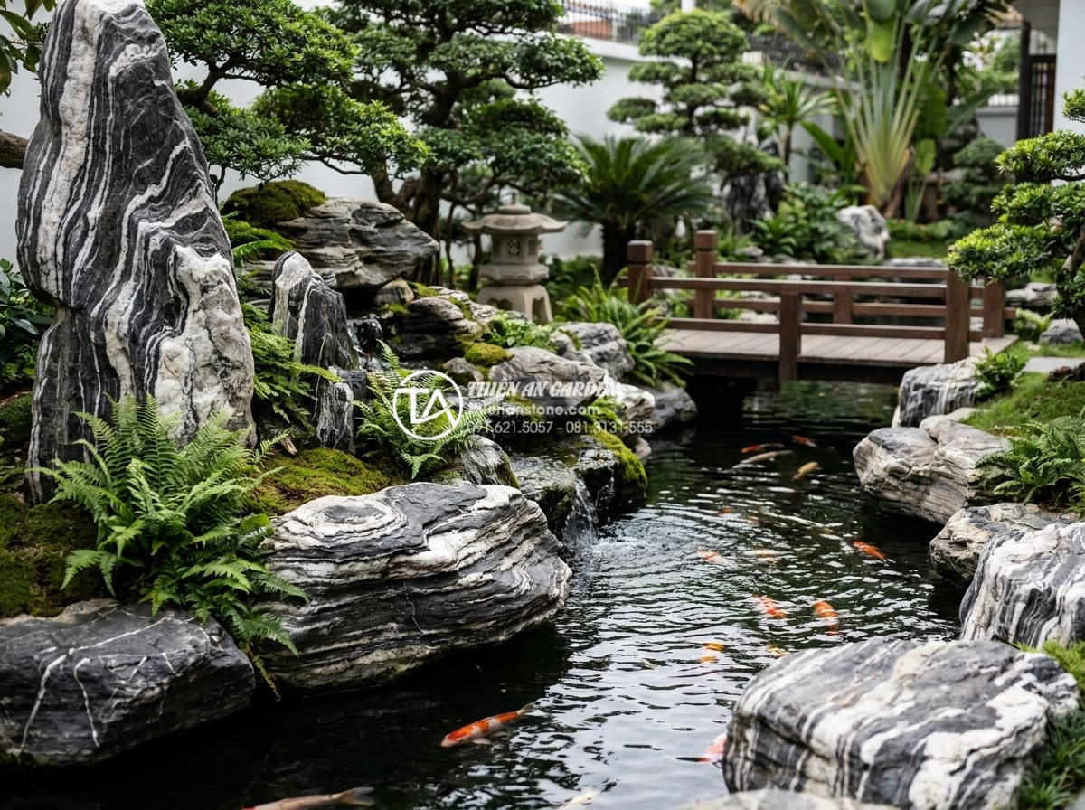 Cách nhận biết đá tuyết sơn vân mây thật và giả cho người mới - Hình 15 Cách nhận biết đá tuyết sơn vân mây thật và giả cho người mới - Elegant garden landscape featuring genuine Tuyet Son Van May stones in Koi pond