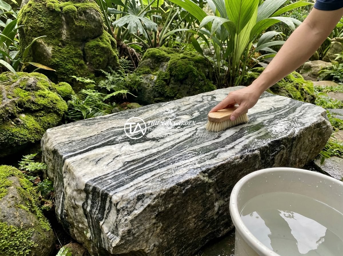 Cách nhận biết đá tuyết sơn vân mây thật và giả cho người mới - Hình 19 Cách nhận biết đá tuyết sơn vân mây thật và giả cho người mới - Maintenance guide images showing proper cleaning techniques for natural stone in