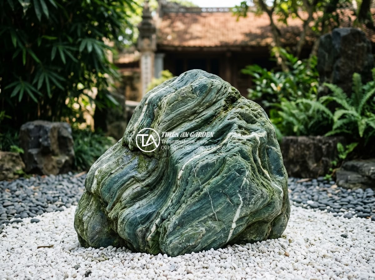 Cách sắp đặt đá xanh Nhật Bản theo nguyên tắc 'Tam tài' trong cảnh quan - Hình 1 Cách sắp đặt đá xanh Nhật Bản theo nguyên tắc 'Tam tài' trong cảnh quan - Close-up view of authentic Japanese green Seiryu stones with vibrant blue-green