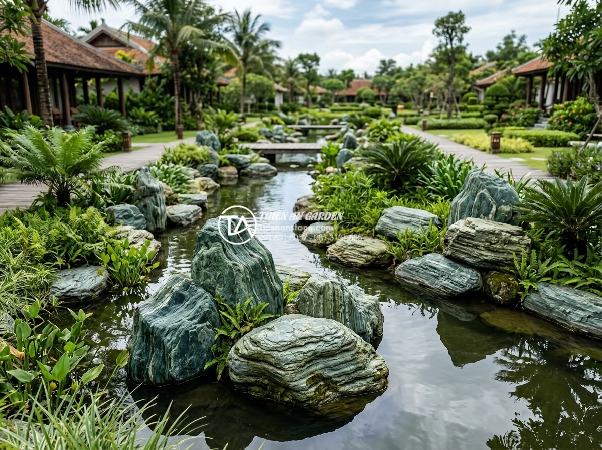 Cách sắp đặt đá xanh Nhật Bản theo nguyên tắc 'Tam tài' trong cảnh quan - Hình 10 Cách sắp đặt đá xanh Nhật Bản theo nguyên tắc 'Tam tài' trong cảnh quan - Expansive resort landscape with multiple Tam Tai Japanese green stone clusters i