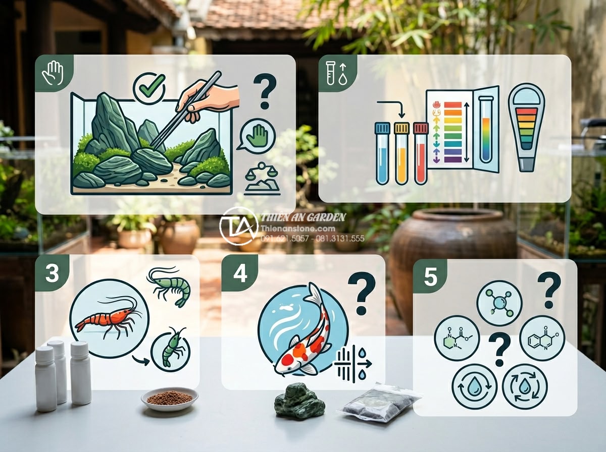 Cách xử lý độ pH của nước khi sử dụng đá Seiryu trong hồ cá cảnh - FAQ style image with question marks and icons related to Seiryu stone aquarium u