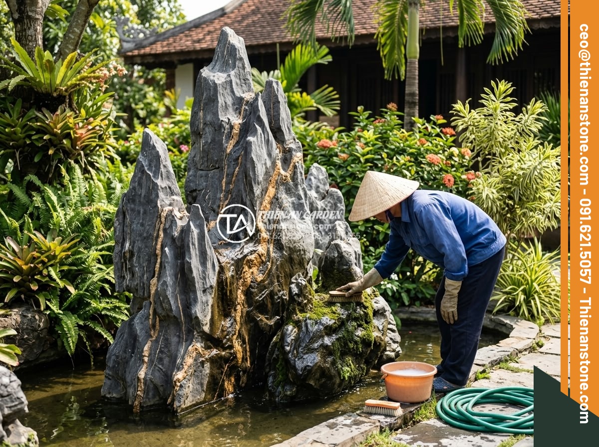 Cách xử lý rêu mốc trên đá trầm tích trang trí ngoài trời - Worker safely scrubbing moss off large sedimentary decorative stones in a sunny 