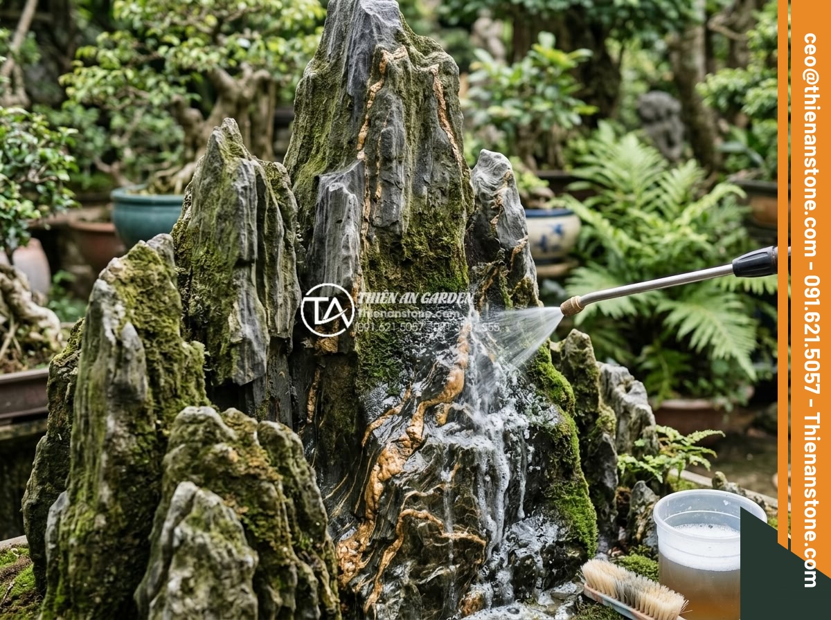 Cách xử lý rêu mốc trên đá trầm tích trang trí ngoài trời - Professional application of specialized stone cleaner chemical on moss-covered s