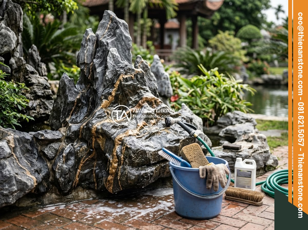 Cách xử lý rêu mốc trên đá trầm tích trang trí ngoài trời - Professional team performing full periodic maintenance on large sedimentary ston