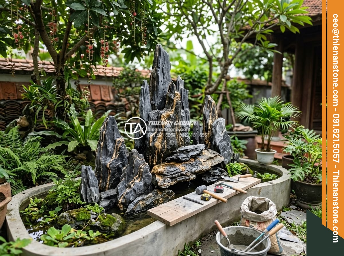 Cách xử lý rêu mốc trên đá trầm tích trang trí ngoài trời - Expert technician sharing maintenance tips while working on stone installation i