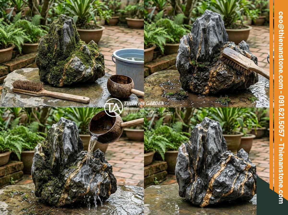 Cách xử lý rêu mốc trên đá trầm tích trang trí ngoài trời - Step-by-step manual cleaning process of moss removal from sedimentary rocks usin