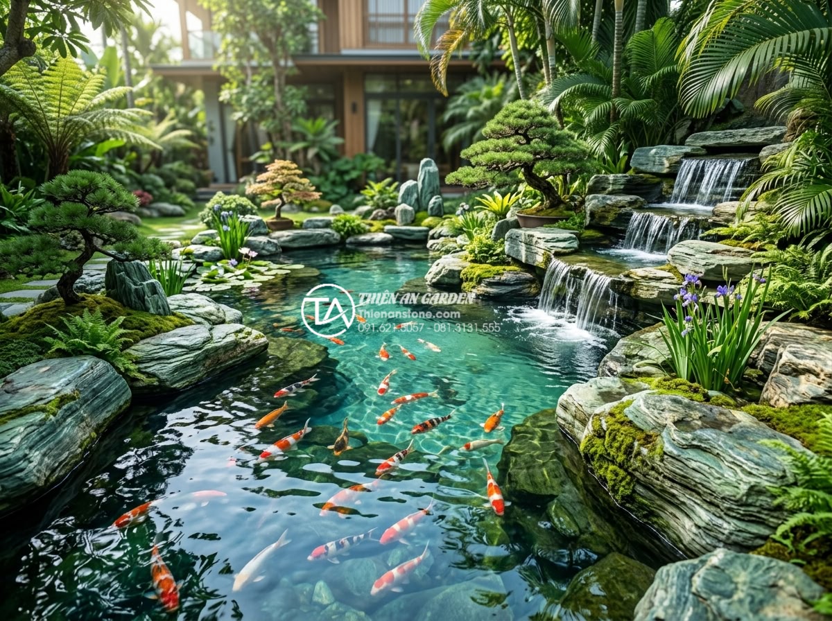 Case Study: Thi công hồ cá Koi 500 triệu sử dụng toàn bộ đá xanh Nhật Bản - High-resolution professional photograph of a luxurious 85 square meter Koi pond 
