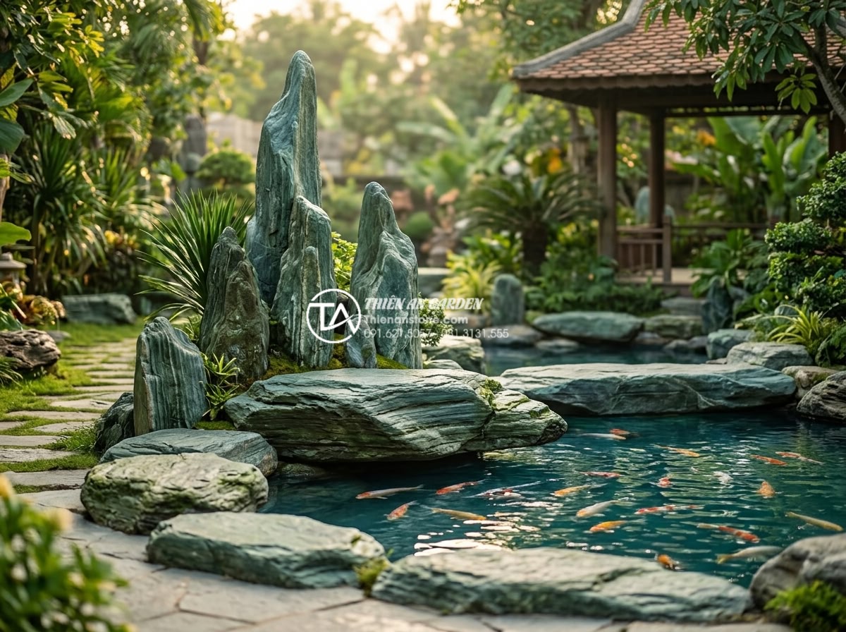 Case Study: Thi công hồ cá Koi 500 triệu sử dụng toàn bộ đá xanh Nhật Bản - Artistic composition of the Japanese blue stone Koi pond demonstrating perfect T