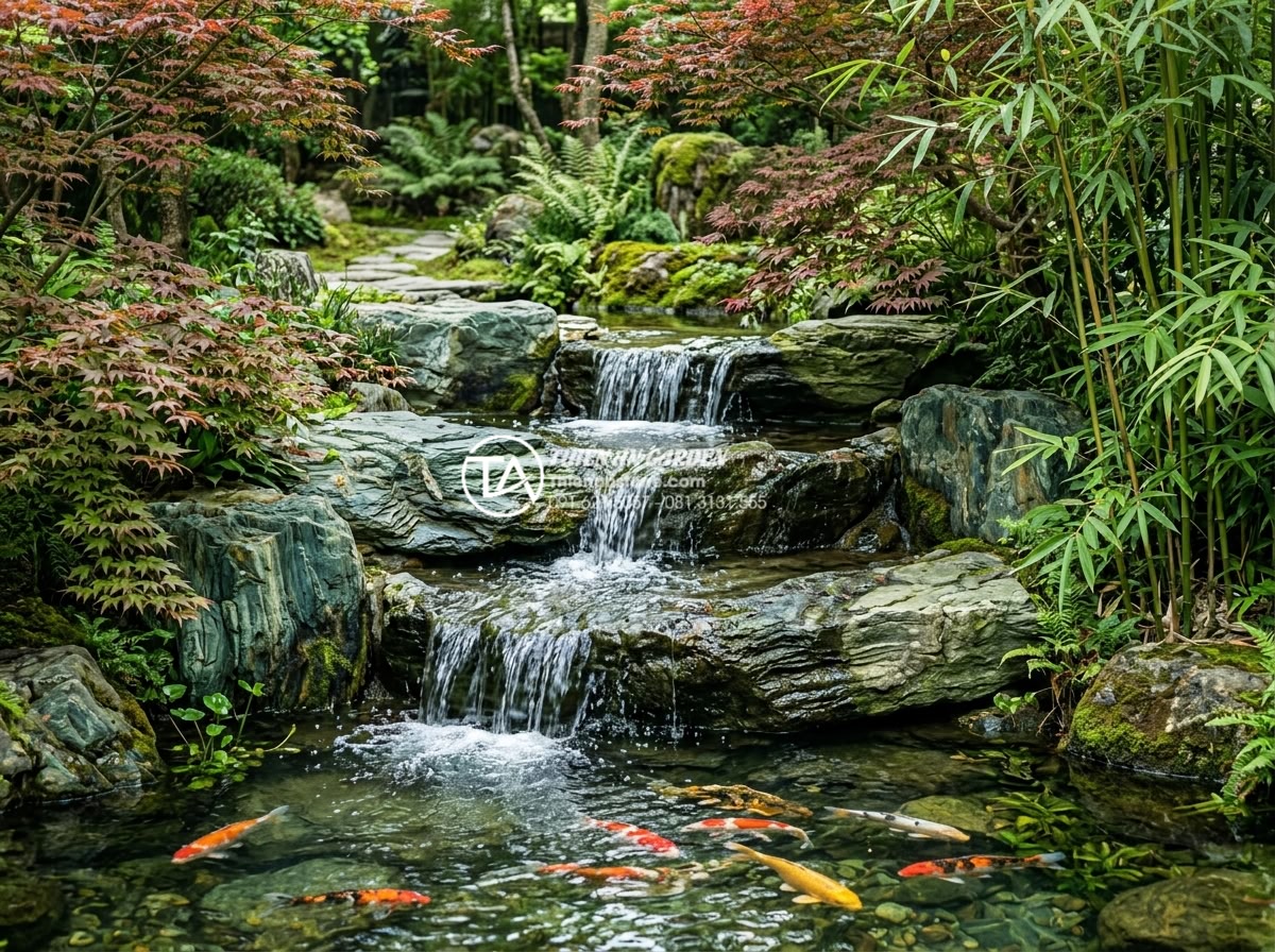 Case Study: Thi công hồ cá Koi 500 triệu sử dụng toàn bộ đá xanh Nhật Bản - Detailed view of the three-tier waterfall made entirely from Japanese blue stone