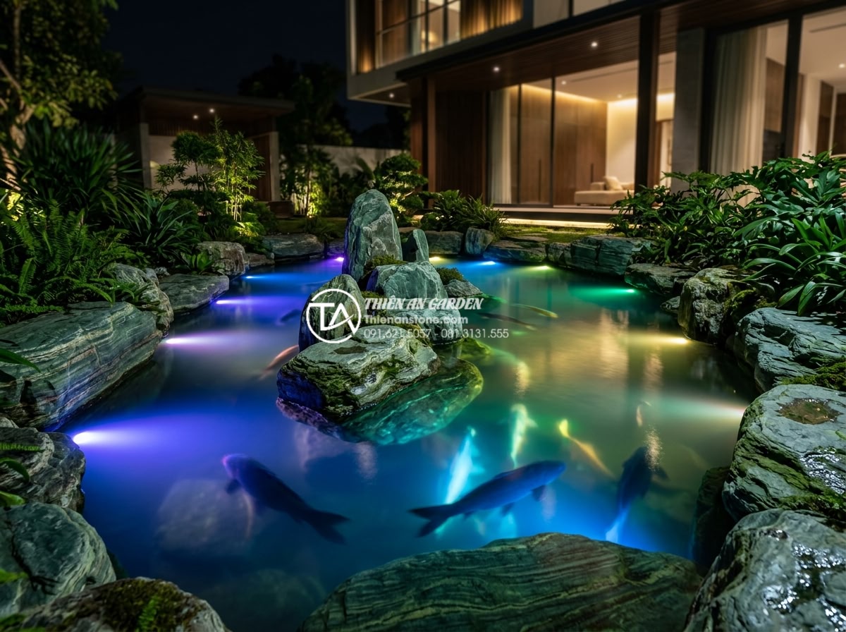 Case Study: Thi công hồ cá Koi 500 triệu sử dụng toàn bộ đá xanh Nhật Bản - Night time view of the illuminated Japanese blue stone Koi pond with colorful RG