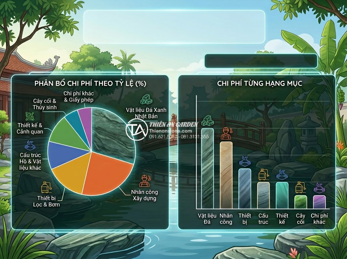 Case Study: Thi công hồ cá Koi 500 triệu sử dụng toàn bộ đá xanh Nhật Bản - Professional infographic style image showing cost breakdown pie chart and bar gr