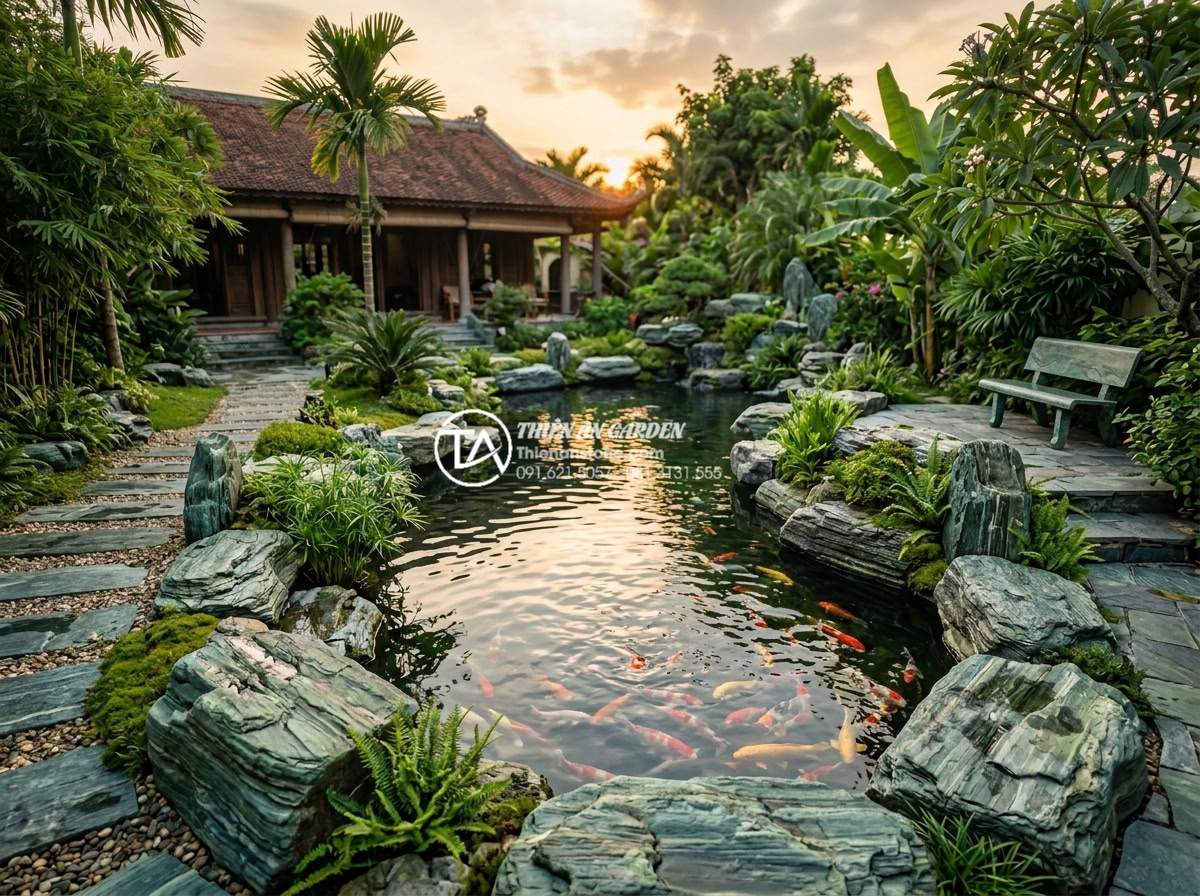 Case Study: Thi công hồ cá Koi 500 triệu sử dụng toàn bộ đá xanh Nhật Bản - Happy family enjoying the completed Japanese blue stone Koi pond in their luxury
