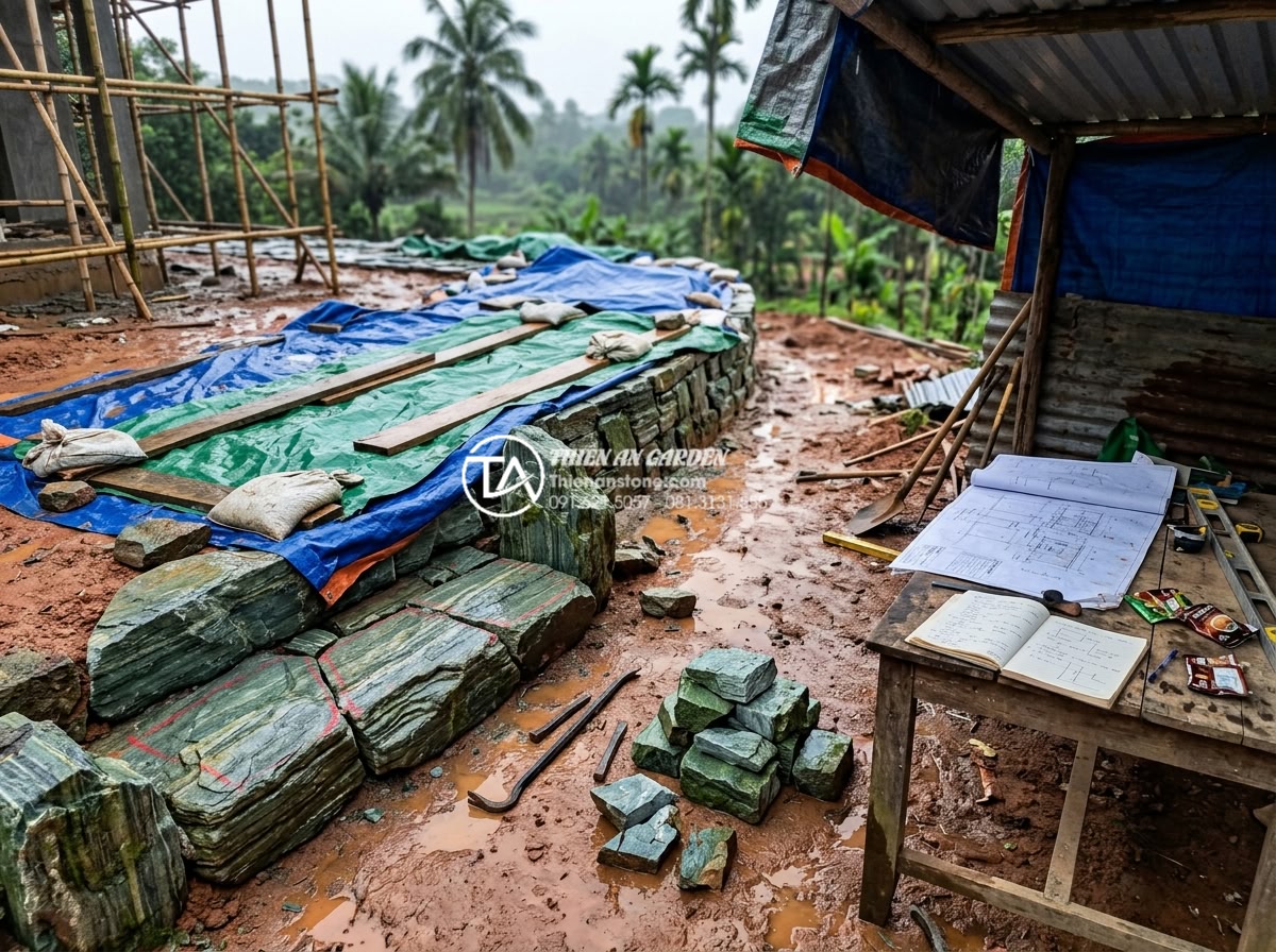 Case Study: Thi công hồ cá Koi 500 triệu sử dụng toàn bộ đá xanh Nhật Bản - Documentary style photo showing the professional team from Thien An Stone solvin