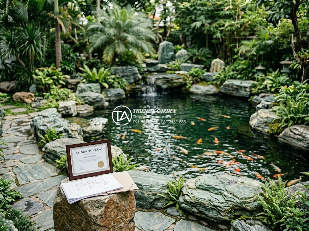 Case Study: Thi công hồ cá Koi 500 triệu sử dụng toàn bộ đá xanh Nhật Bản - Successful completion celebration with the client and Thien An Stone team in fro