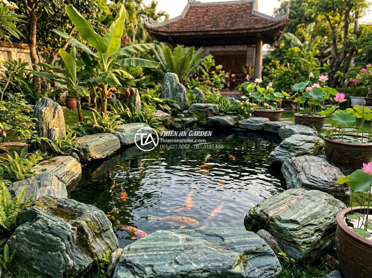 Case Study: Thi công hồ cá Koi 500 triệu sử dụng toàn bộ đá xanh Nhật Bản - Emotional testimonial photo of the satisfied client family standing proudly besi